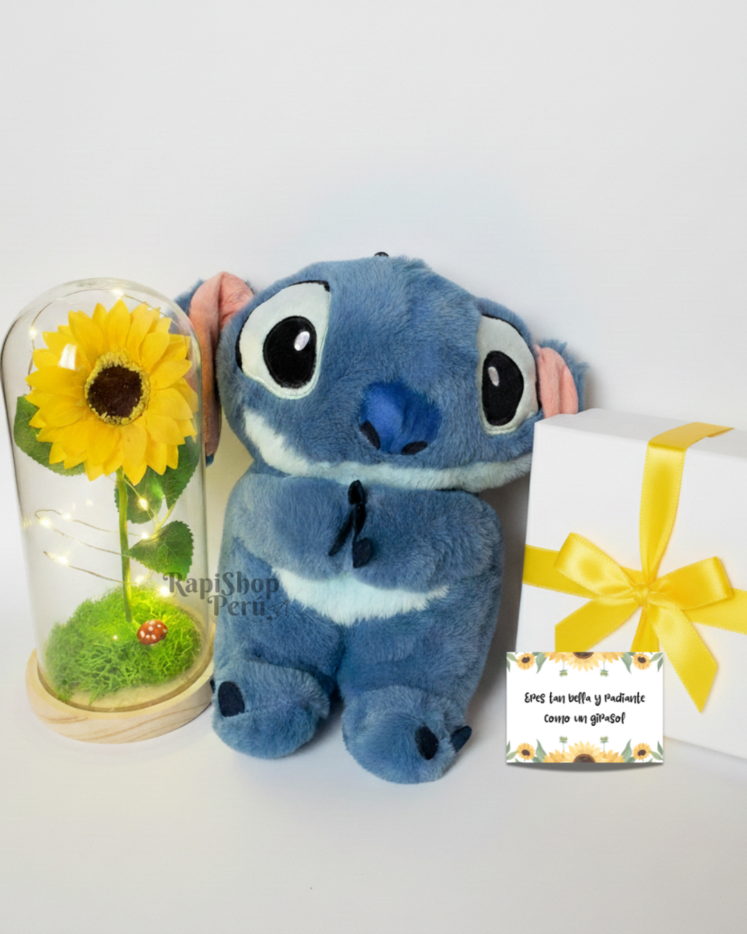 Peluche Stitch que respira + Girasol en Cápsula de Cristal